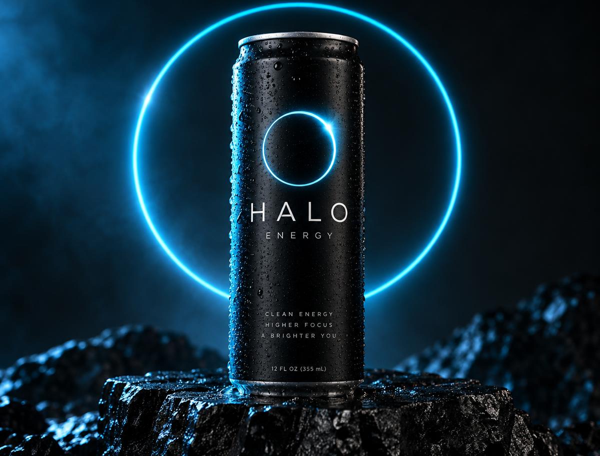 Halo Energy can on black rock with a glowing cyan ring behind it