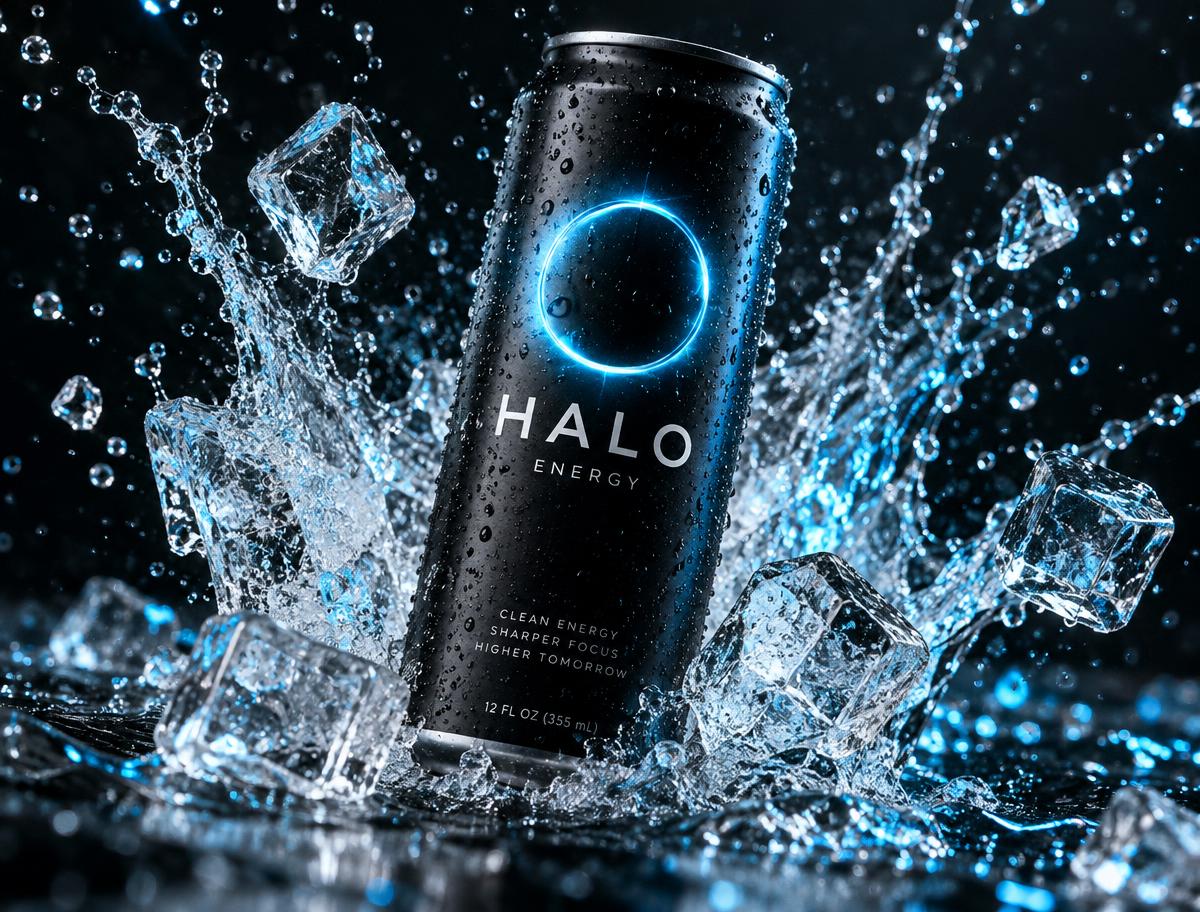 Halo Energy can crashing into water with ice cubes, frozen splash