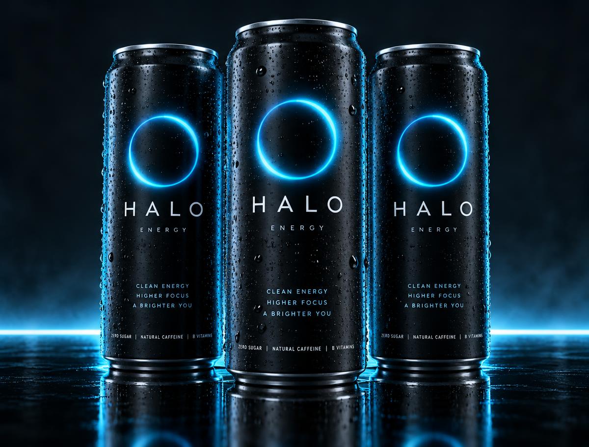 Three Halo Energy cans in a row on a reflective black surface