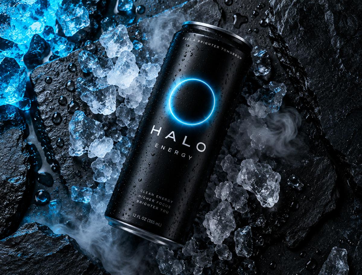 Halo Energy can lying on wet slate surrounded by crushed ice