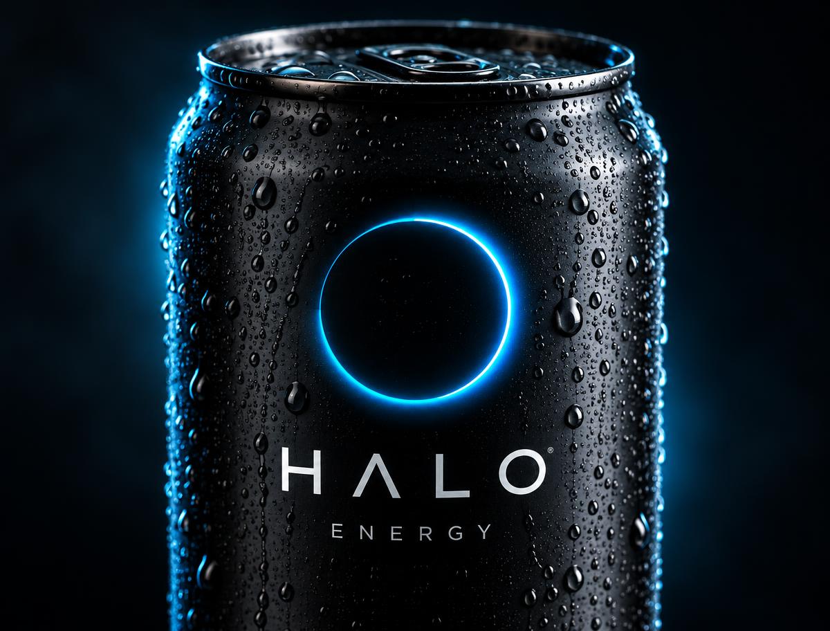 Macro close-up of the Halo Energy can logo with condensation droplets