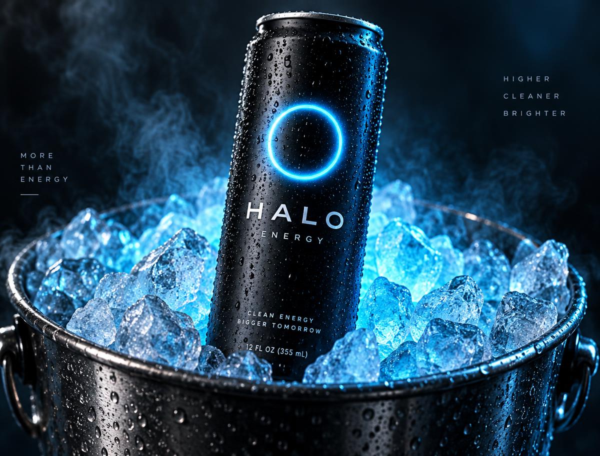 Halo Energy can standing in a metal bucket of glowing ice