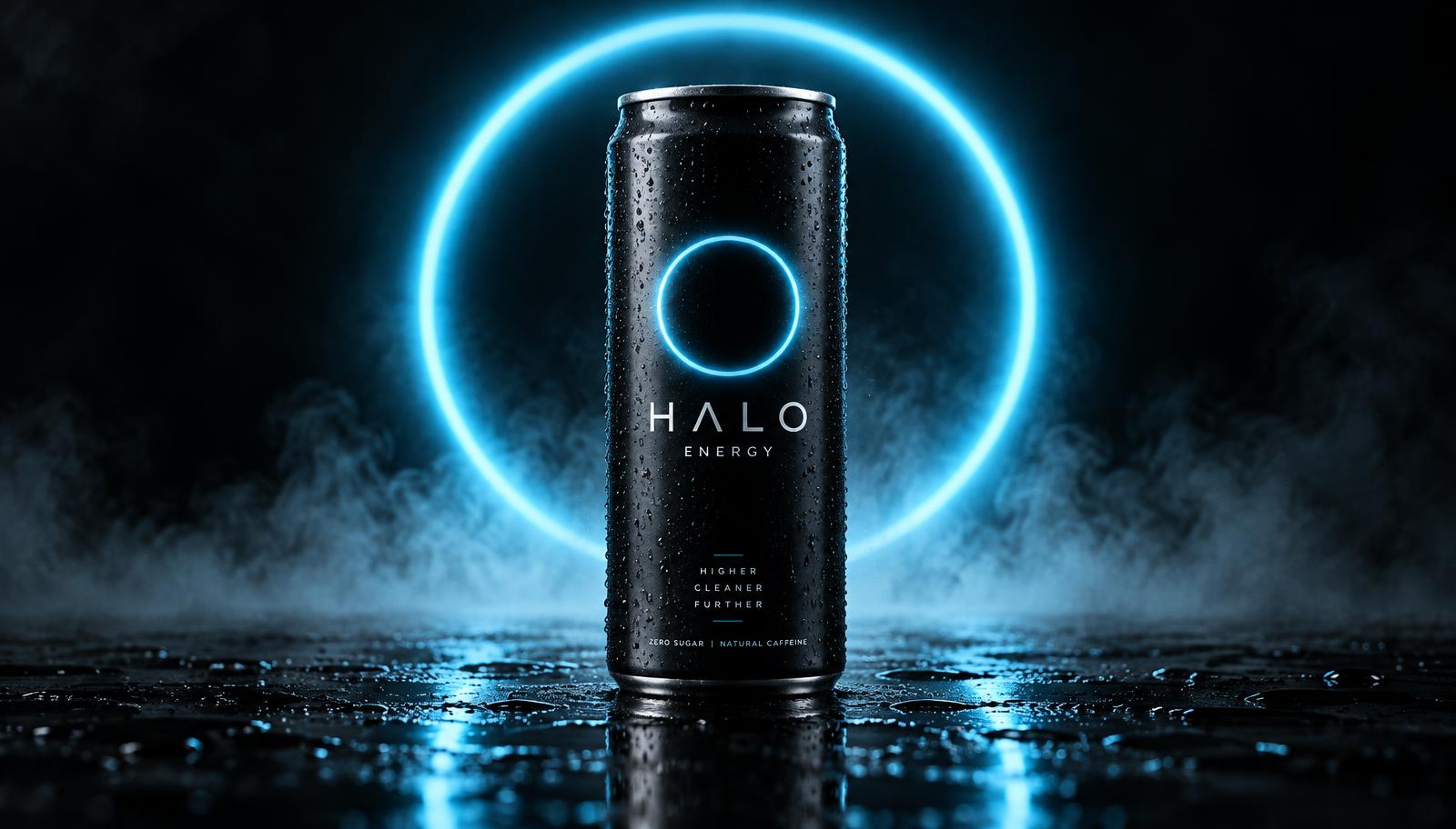 Matte black Halo Energy can with a glowing cyan ring logo in front of a neon halo
