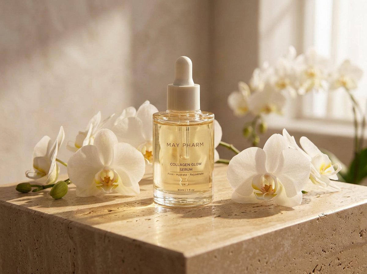 May Pharm serum bottle on a travertine pedestal among white orchids