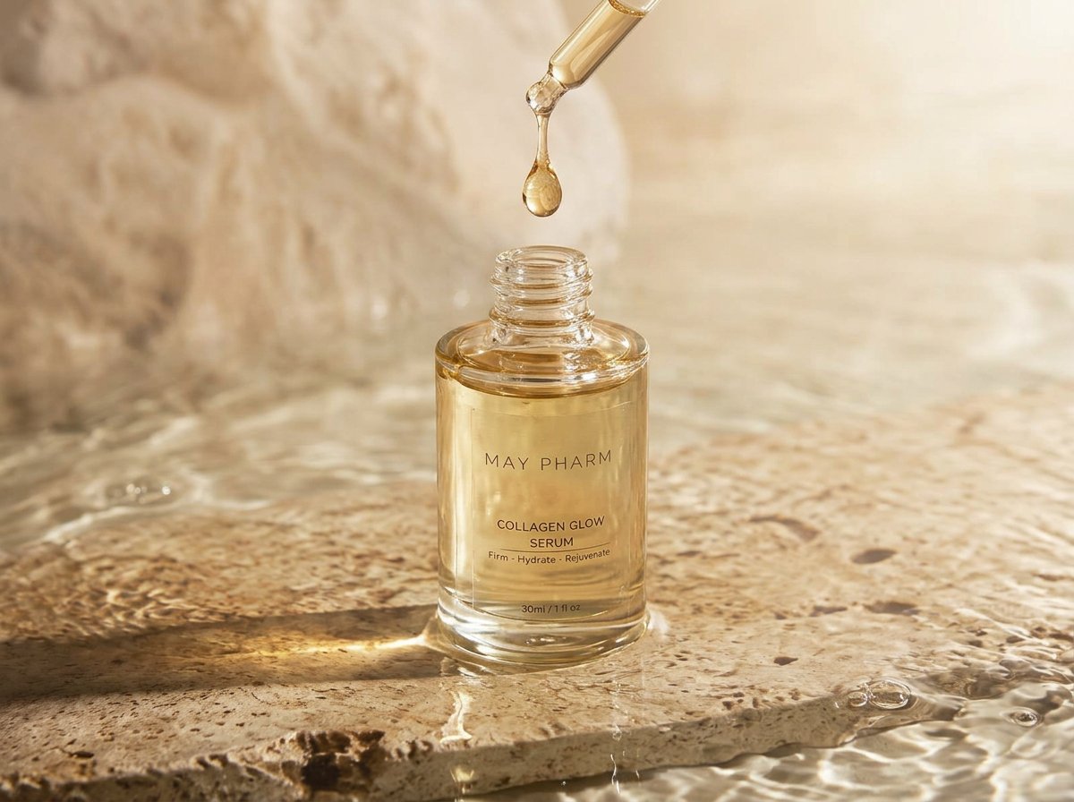 Golden serum drop falling into the May Pharm bottle over rippling water