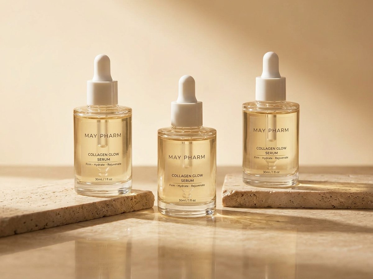 Three May Pharm serum bottles in a row on polished travertine