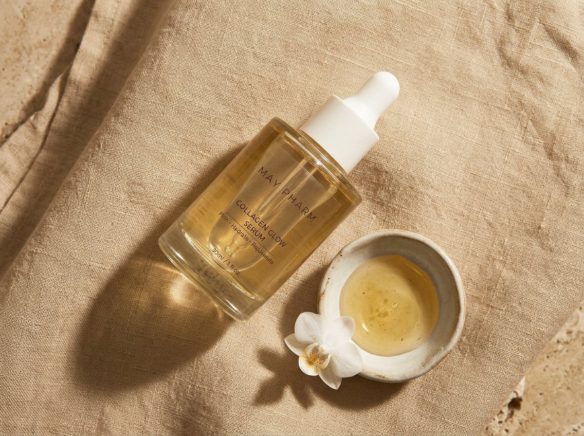 May Pharm serum bottle lying on sand-colored linen beside a dish of serum