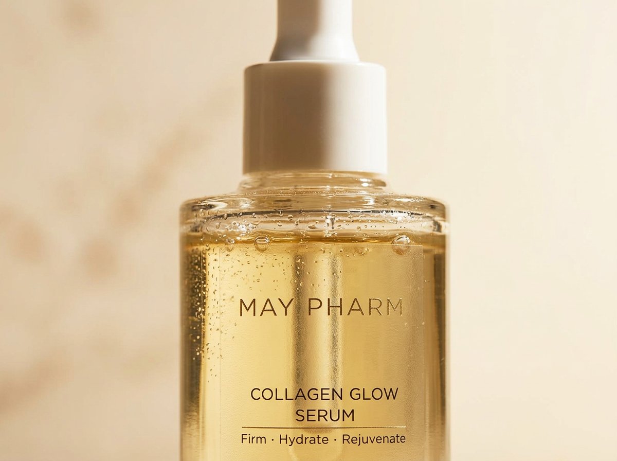 Macro close-up of the May Pharm serum bottle label and dropper cap