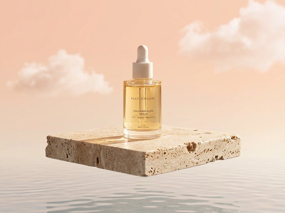 May Pharm serum bottle on a floating travertine plinth against a pastel sky