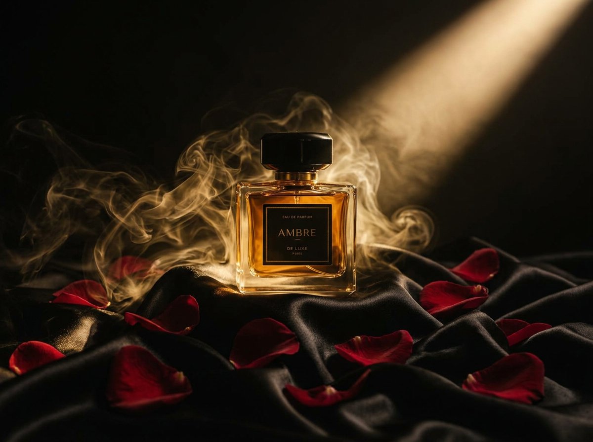 Ambre fragrance bottle on black silk with red rose petals and smoke
