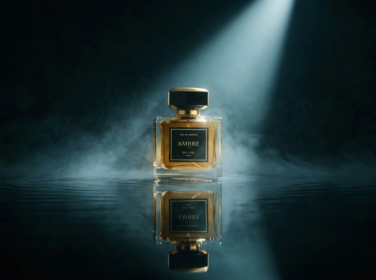 Ambre fragrance bottle reflected in still moonlit water