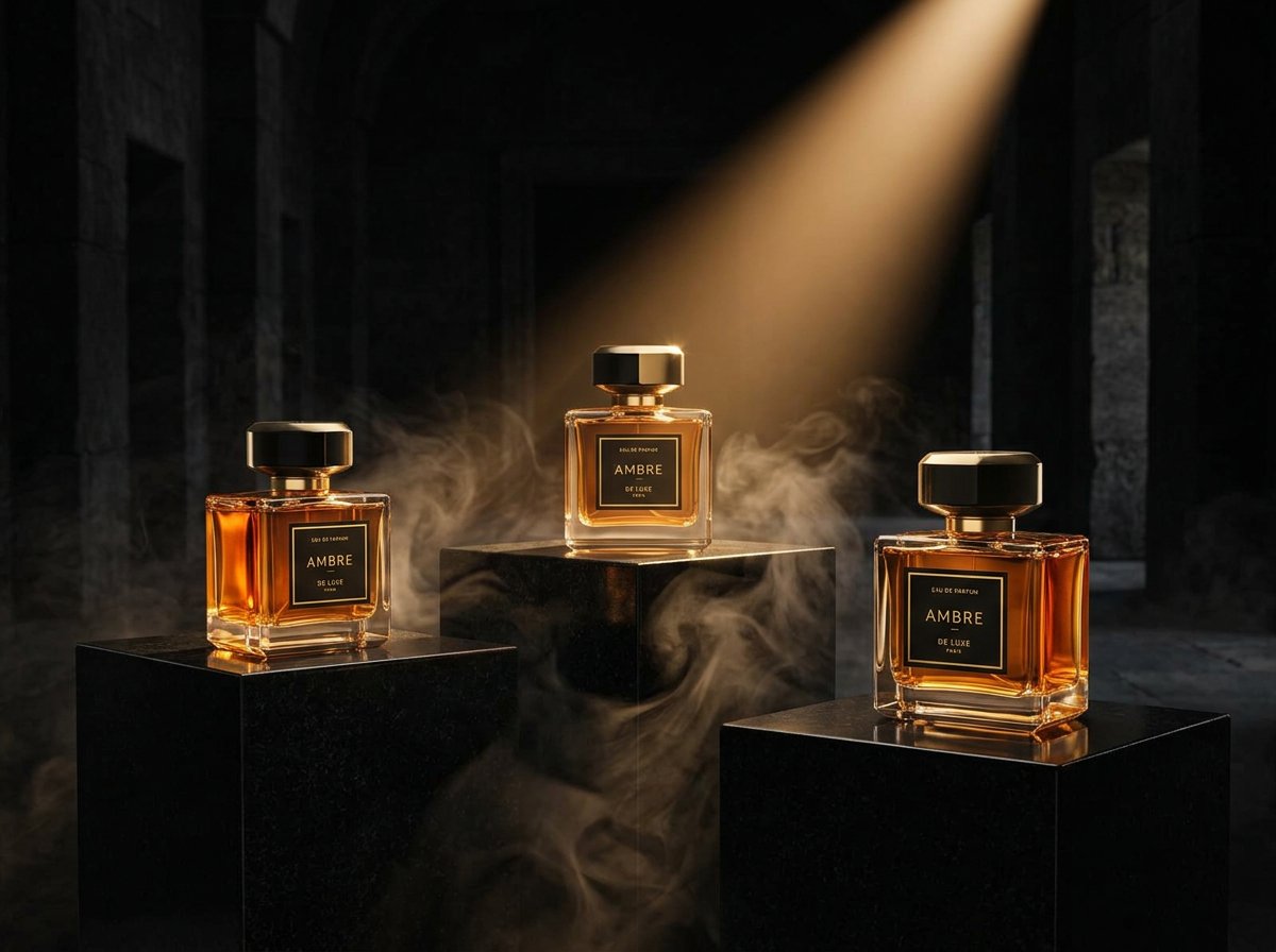 Three Ambre fragrance bottles on black stone pedestals in a dark hall