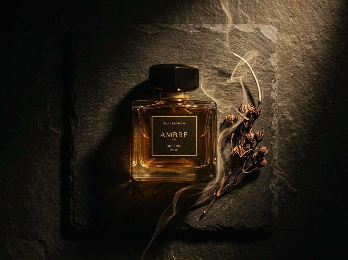 Ambre fragrance bottle lying on dark stone with dried botanicals and smoke