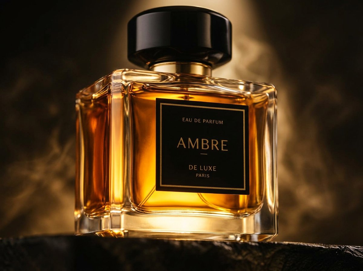 Macro close-up of the Ambre fragrance bottle label glowing amber