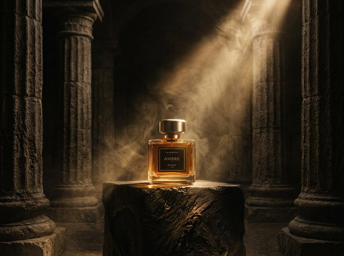 Ambre fragrance bottle on a stone pedestal in an ancient columned hall