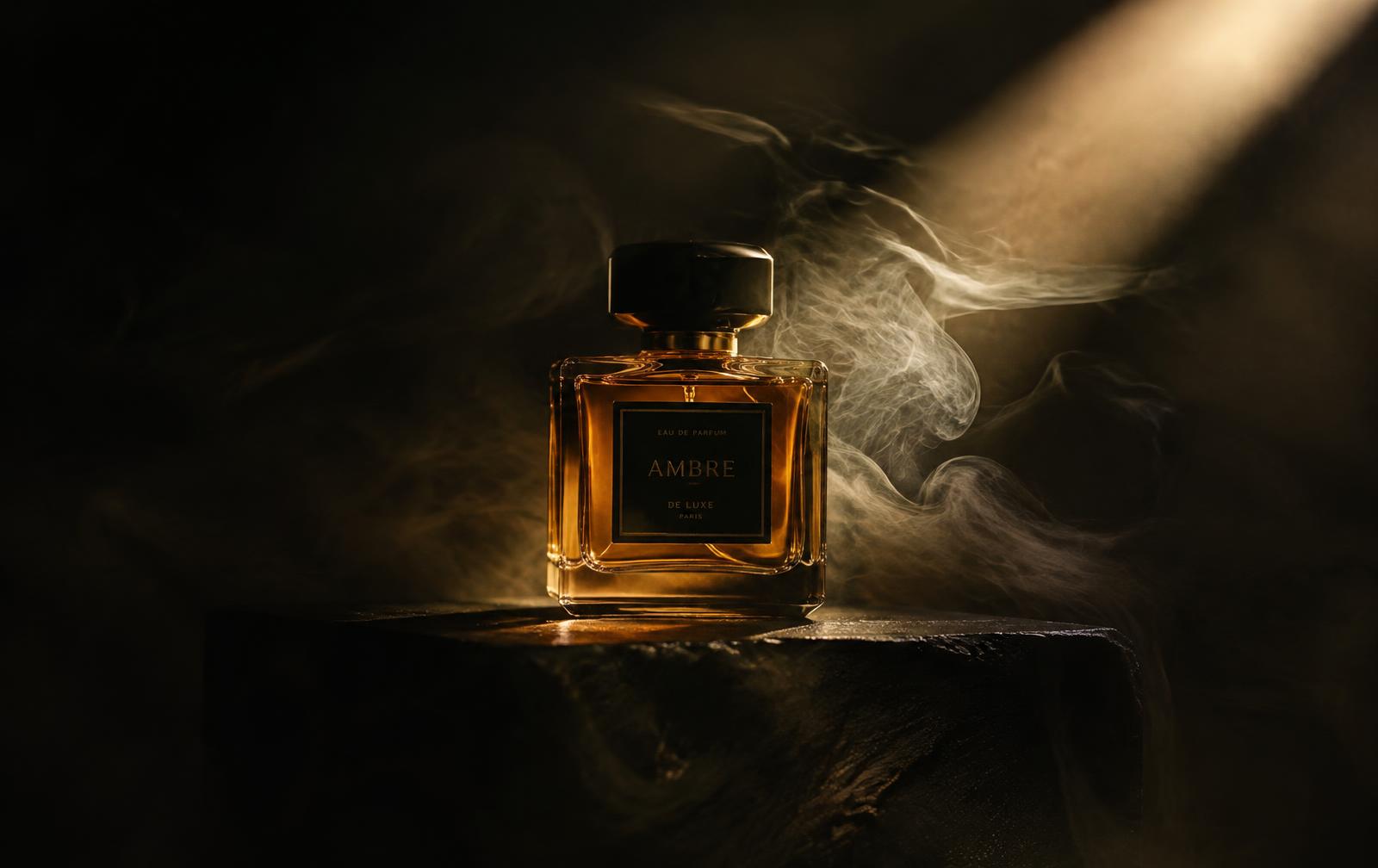 Ambre de Luxe fragrance bottle in a beam of light with smoke