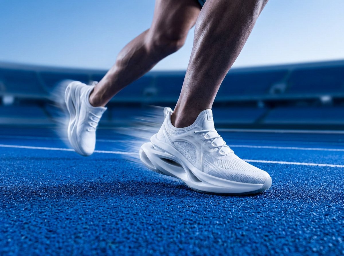 White Linker sneakers worn by a runner mid-stride on a cobalt blue track