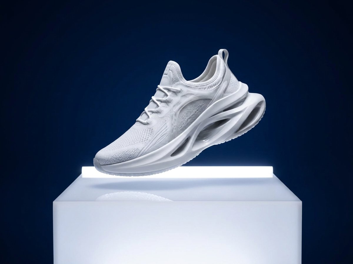 White Linker sneaker on a glowing pedestal in a dark blue studio