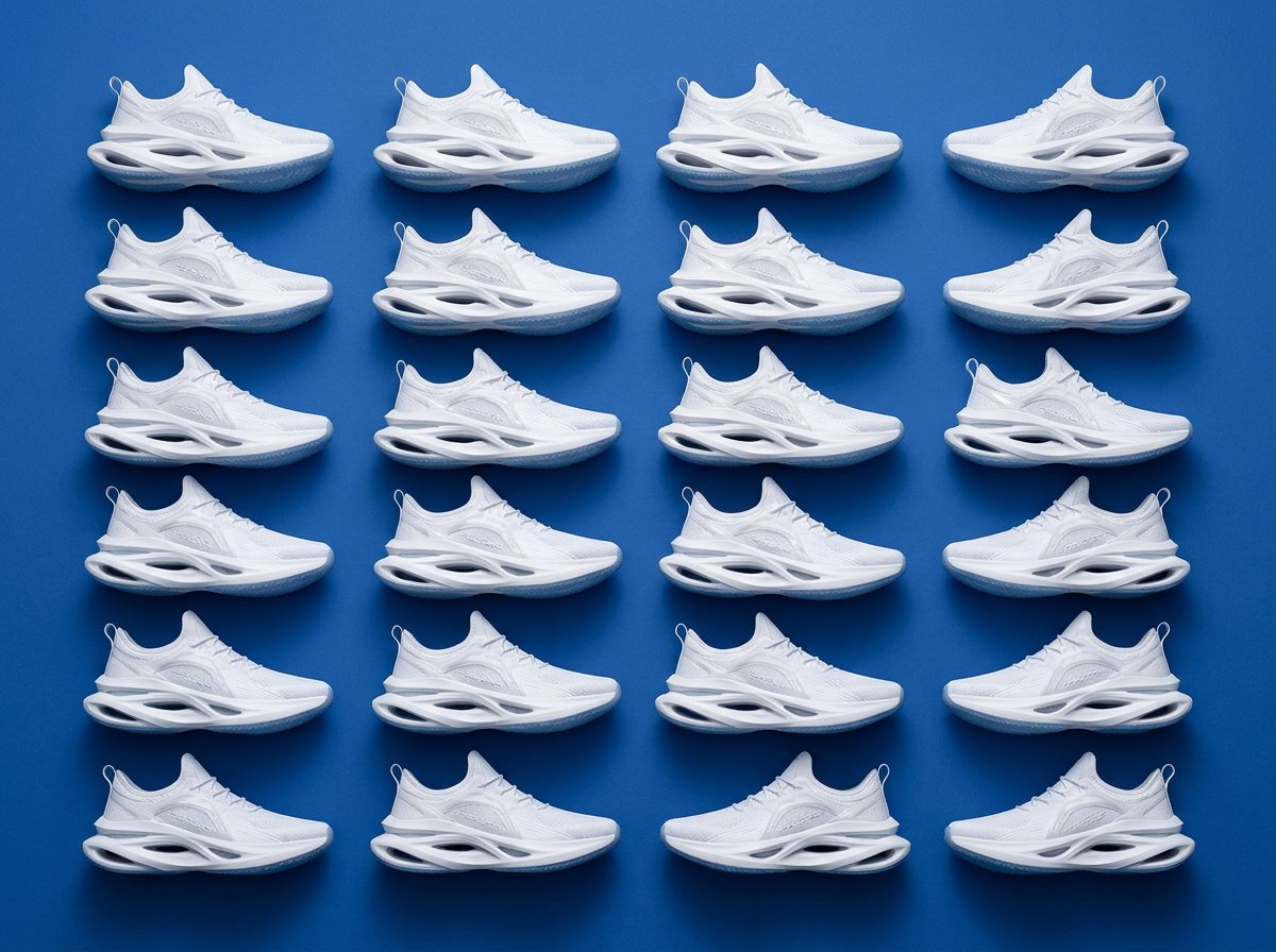 Grid of white Linker sneakers on a cobalt blue floor