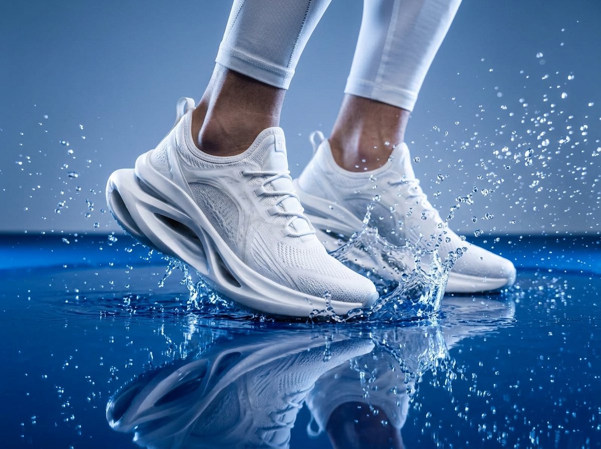 White Linker sneakers splashing through water on a reflective blue surface