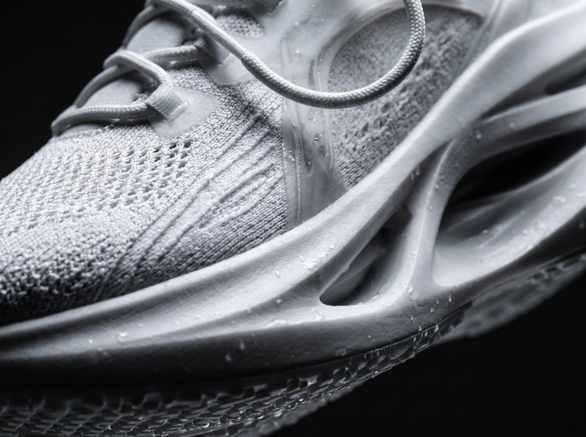 Macro close-up of the white Linker sneaker knit upper and sculpted sole