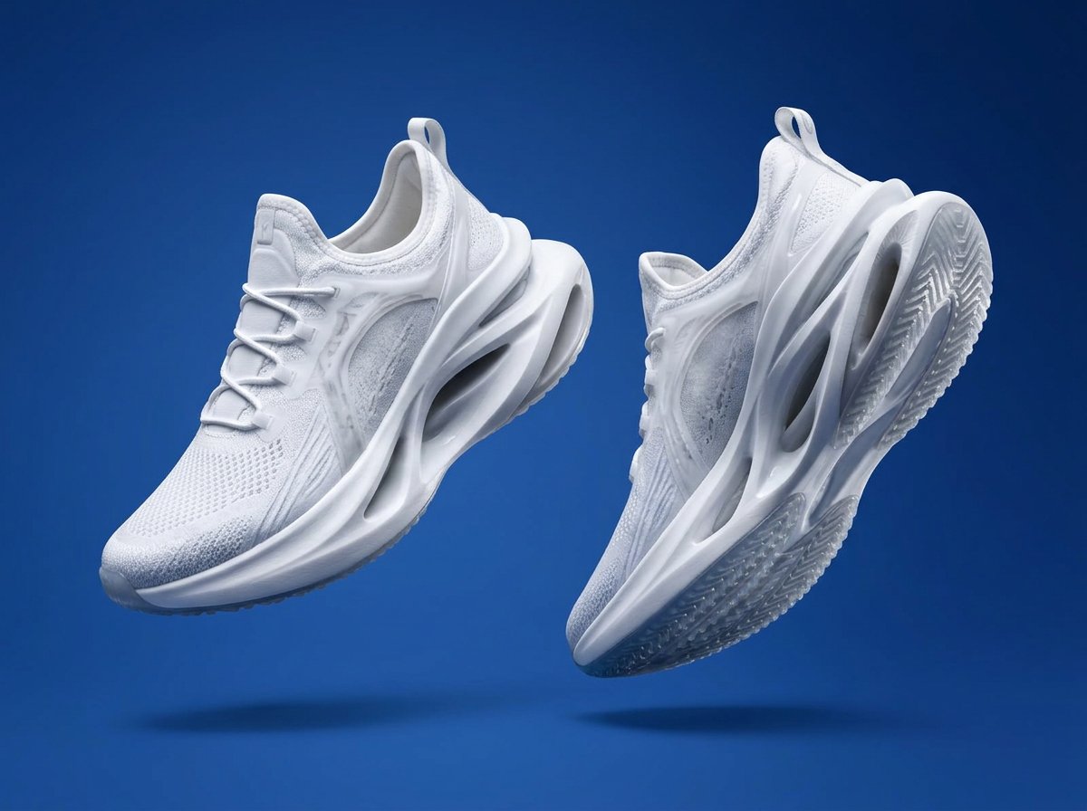 Pair of white Linker sneakers levitating against a cobalt blue backdrop