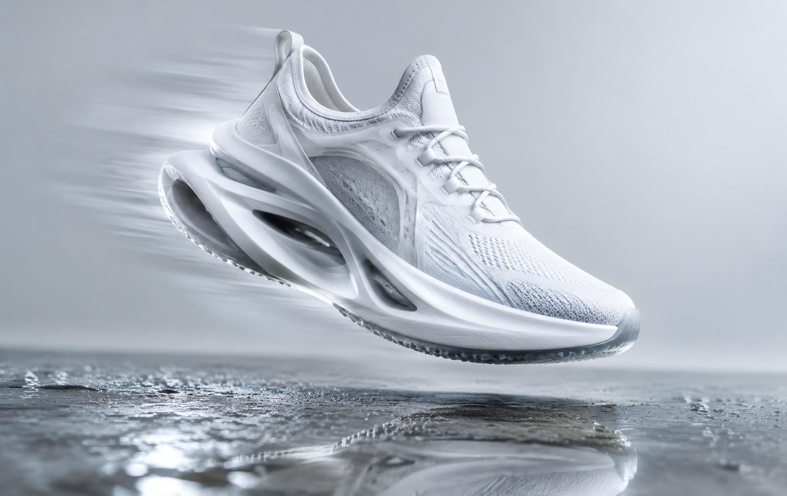 White Linker running sneaker levitating above wet concrete